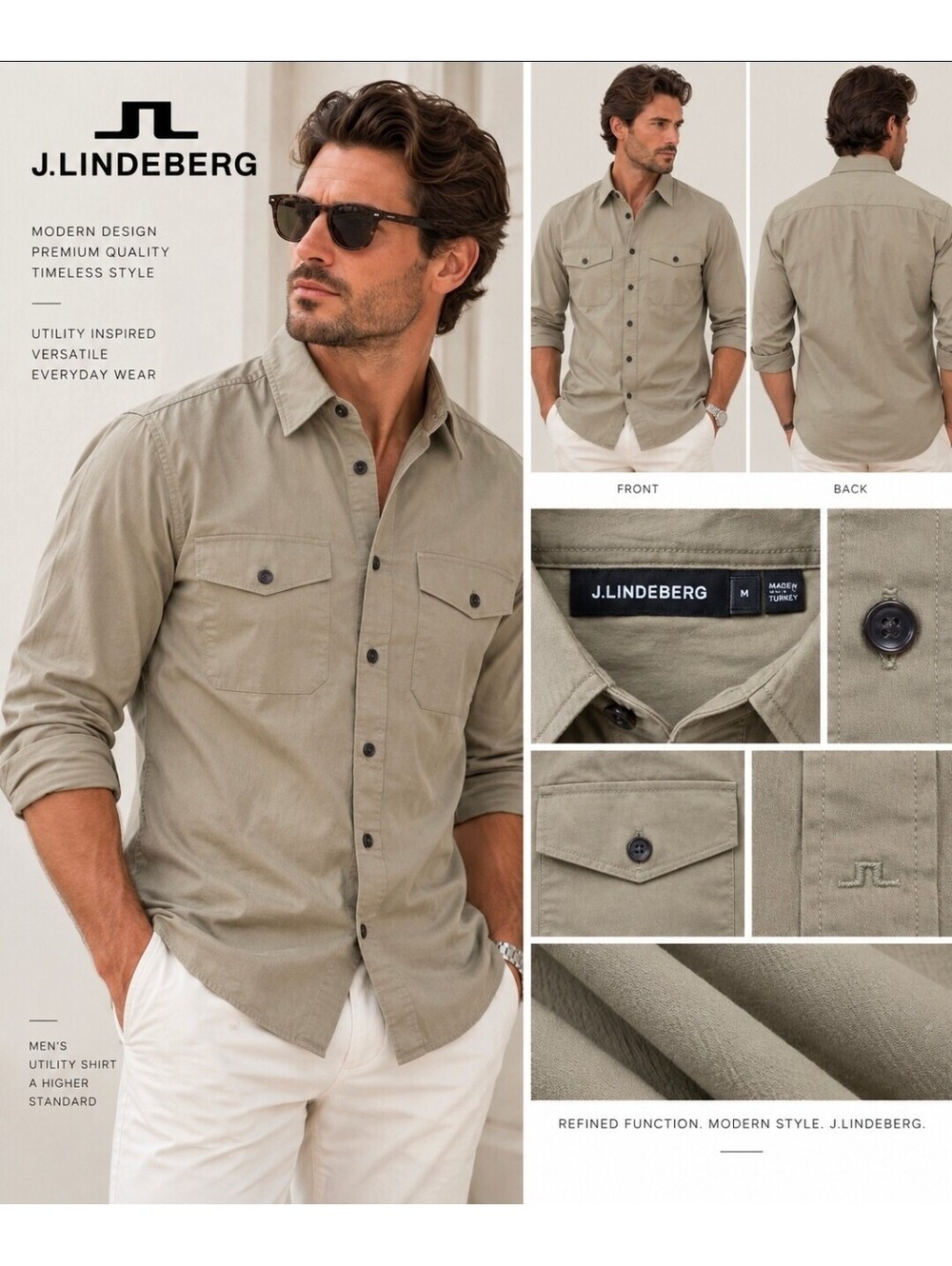 J.Lindeberg Men’s Medium Khaki Utility Shirt Long Sleeve 100% Cotton Military